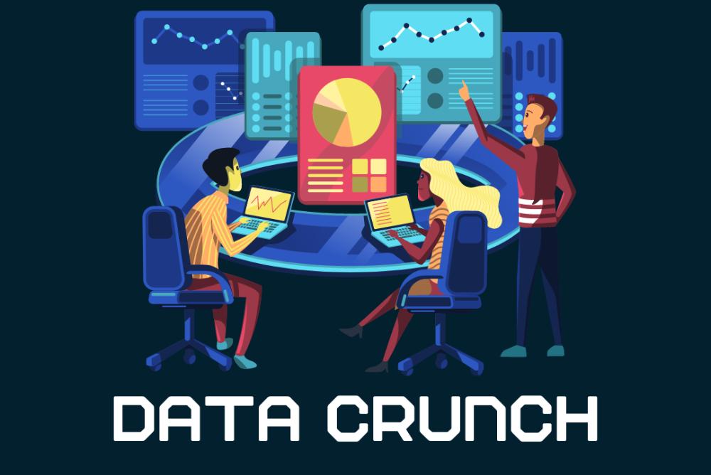 Illustration of three people gathered around a round table looking at bar charts and graphs