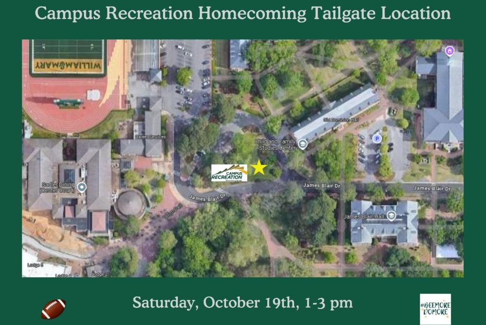 Map of campus showing aerial view of Campus Rec Homecoming Tailgate location by Sadler terrace and Old Dominion Hall