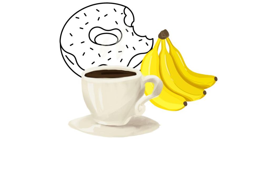 Image of a coffee cup, donut, and bunch of bananas.