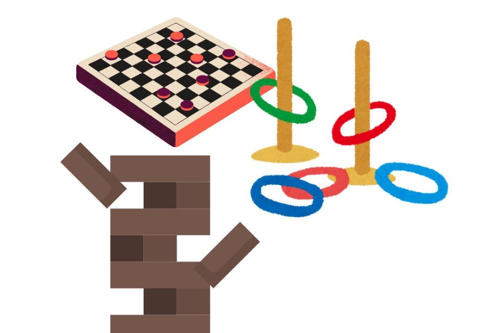 Image of checkers, ring toss, and jenga games.