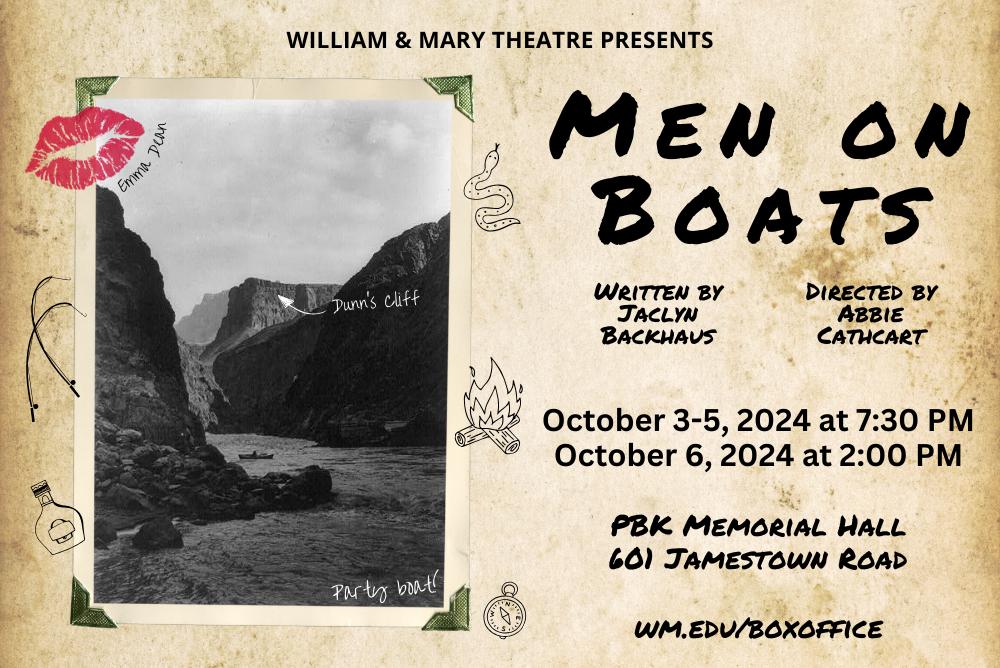 Event poster that details dates and location for Men on Boats.