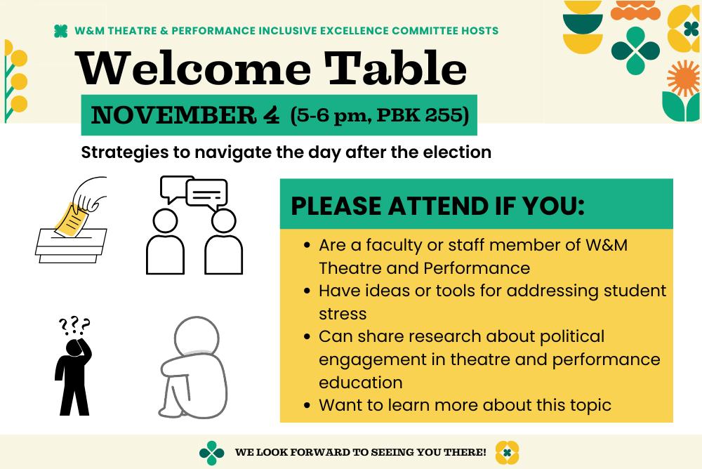 Welcome Table flyer with date and location information