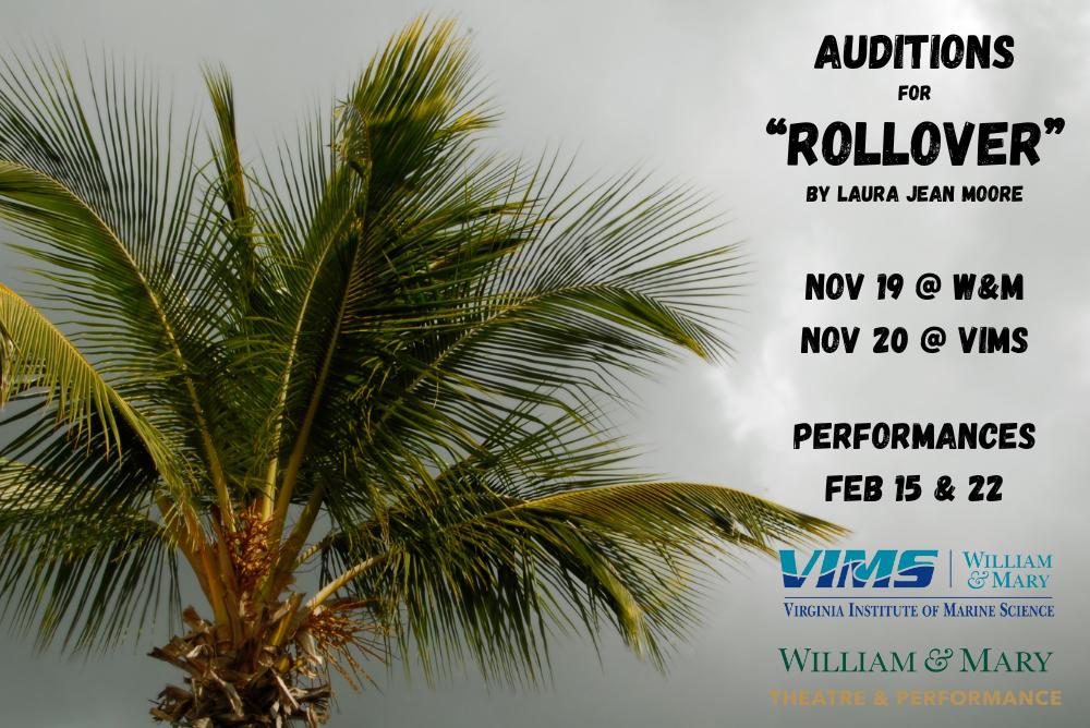 Photo of a palm tree w/ dates for Rollover auditions and performances