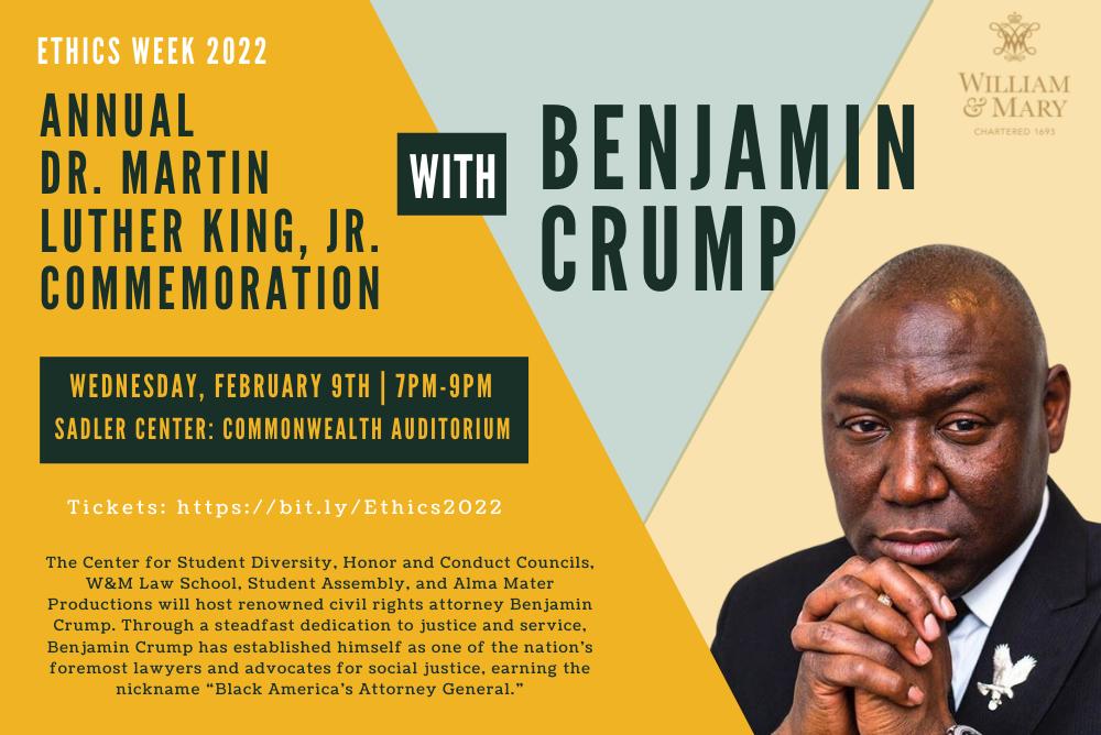 Picture of Benjamin Crump. Words outing the event details