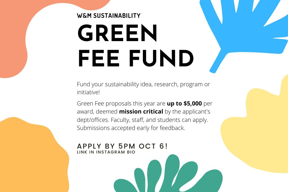 Colorful leaves with a description of the Green Fee Fund in the center.