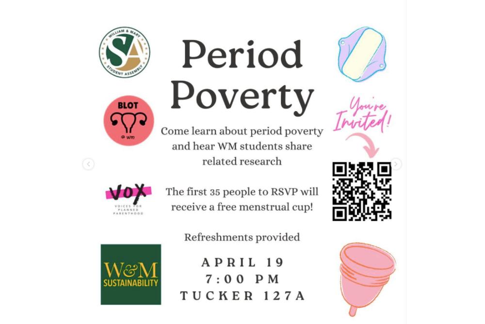 Period poverty at the center with event details and sponsor images to the left and right of the title