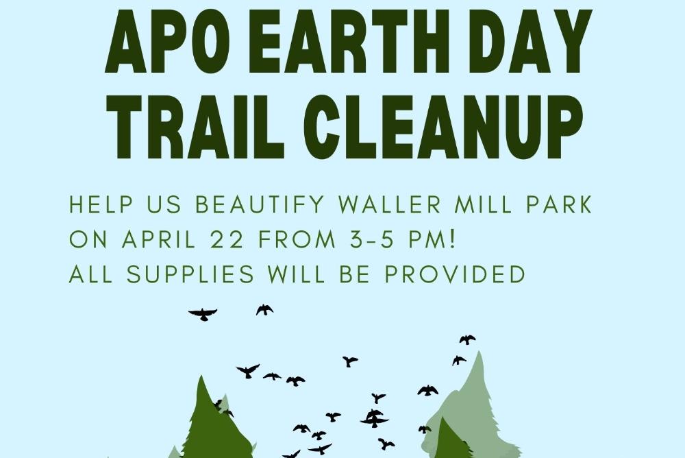 APO Earth Day Trail Cleanup over a light blue sky background. 