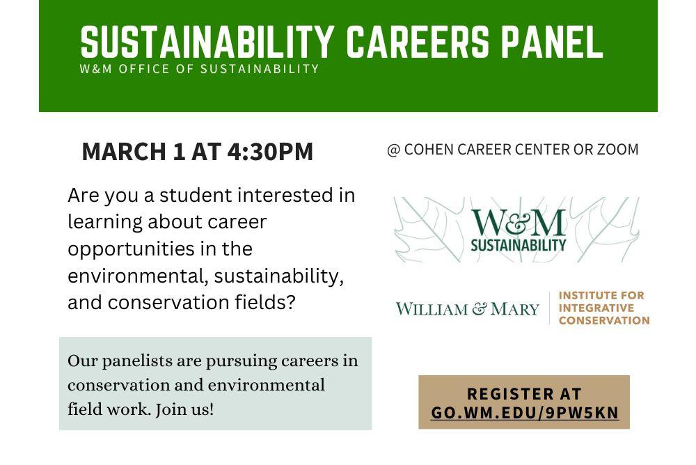 Sustainability Career Panel, text from the description above, WM sustainability and IIC logos, green and brown color variations