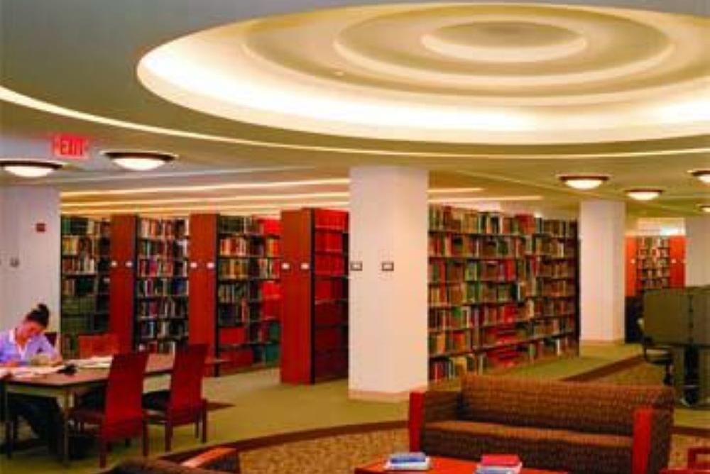 Swem Library stacks, bookshelves, person studying